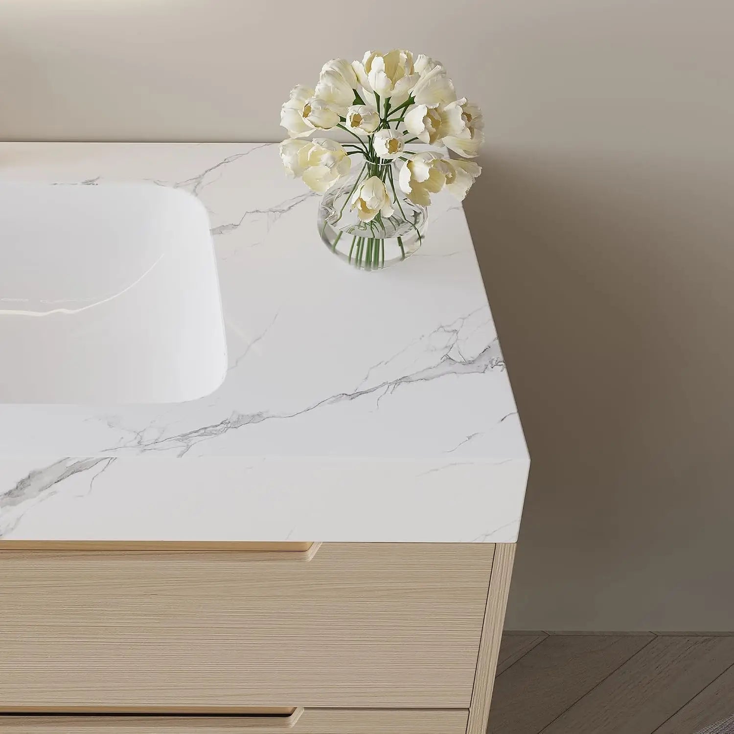 36" Modern Bathroom Vanity with Sintered Stone Top & Ceramic Sink – 4 Soft-Close Drawers, Waterproof Multi-Layer Wood, Custom