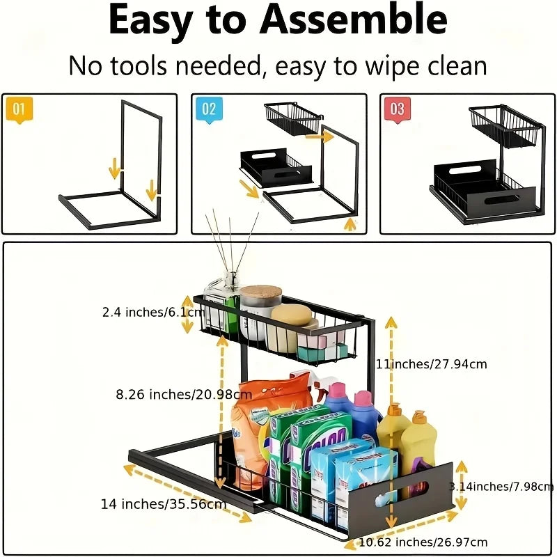 2-Tier Sliding Under Sink Organizer - Rustproof Metal Storage for Kitchen & Bathroom Cabinets,Ideal for Cleaning Supplies
