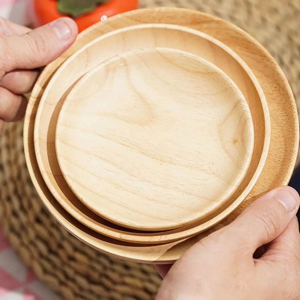 Rubber Wood Eco-Friendly Hand-made Round Kitchen Supplies Unbreakable Snack Plate Wood Plate Tea Tray Dessert Plate