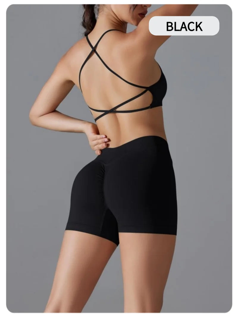Women's Seamless Solid Color Cross Back High Elasticity Tight and Sexy Sports Bra Yoga Suit Set, Running and Fitness Two Pieces