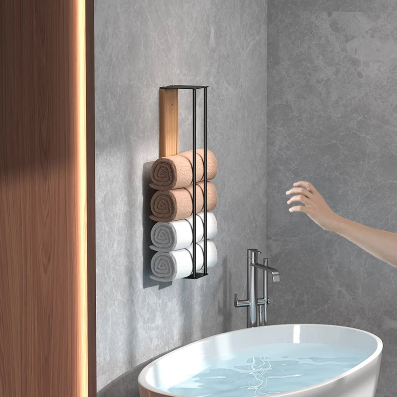 Bathroom wall mounted towel rack, bathroom decorative towel rack, towel hanging rack, roll towel storage, no drilling required