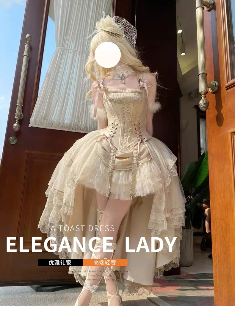 Princess Lolita Evening Dress Champagne Gold Front Short Back Long Gorgeous CLA Dress Vintage Fairy Lolita Birthday Party Dress