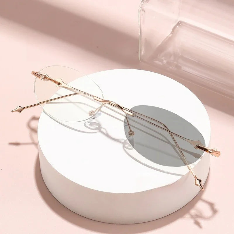Small Oval Photochromic Myopia Glasses Women Men Fashionable Frameless Minus Diopter Glasses Trendy Outdoor Eyewear0-1.0-4.0