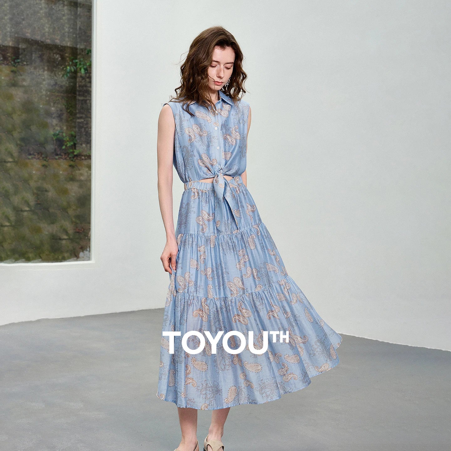 TOYOUTH Women Dress 2026 Summer New Blue Paisley Print Vintage Tank High Waist Tiered Cake Trendy Dresses