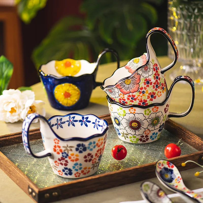 1pc, Bohemian Style Ceramic Cup, with Handle for Easy Removal, Coffee Cup, Afternoon Tea Cup, Breakfast Cup, Milk Cup