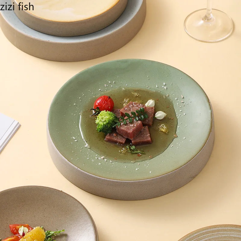 Vintage Round Ceramic Plate Creative Dessert Dim Sum Plate Pastry Plate Steak Plates Sushi Plates Molecular Cuisine Tableware