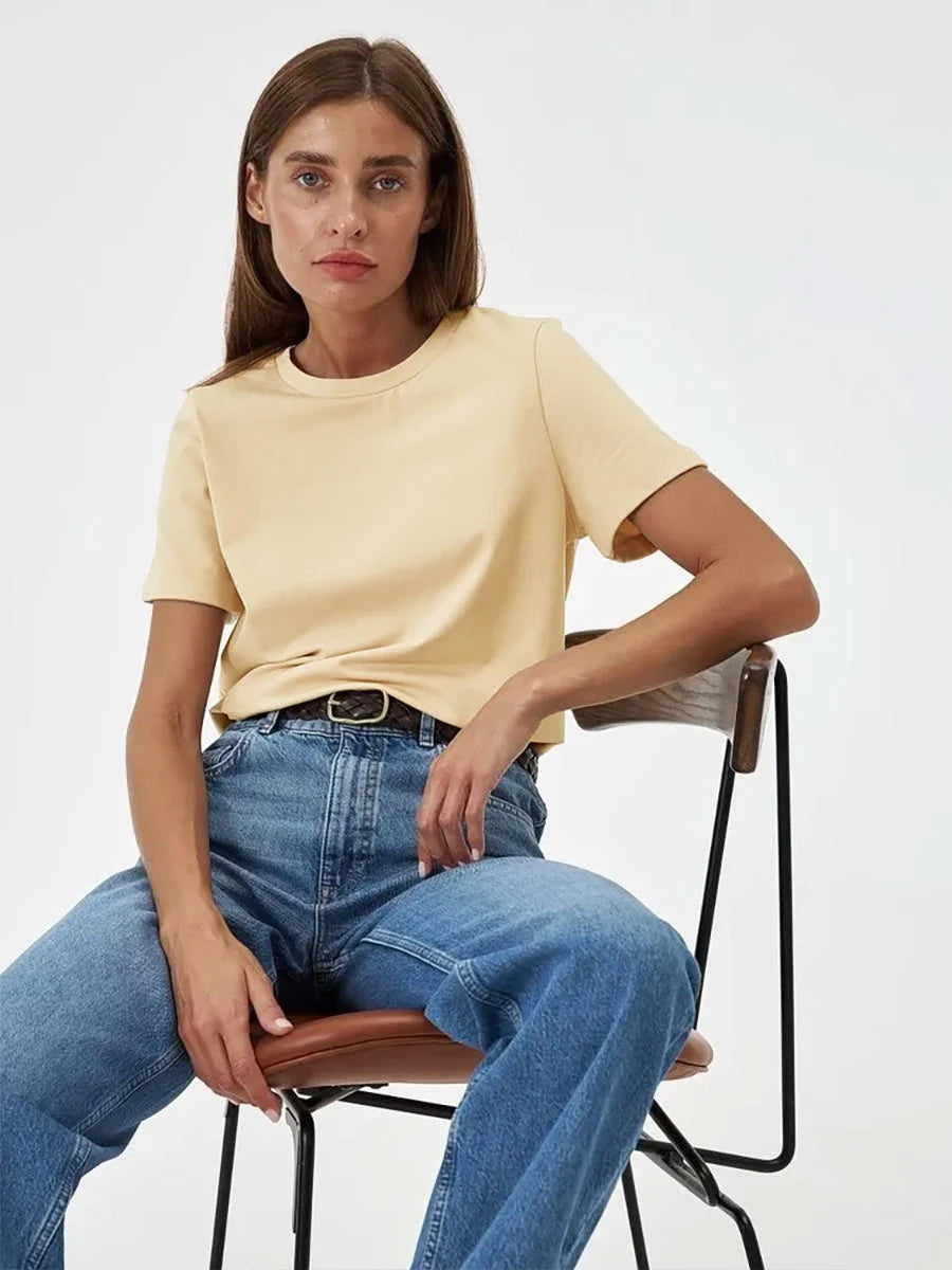 Cross border hot selling cotton T-shirt with round neck and short sleeves for European and American women loose basic top