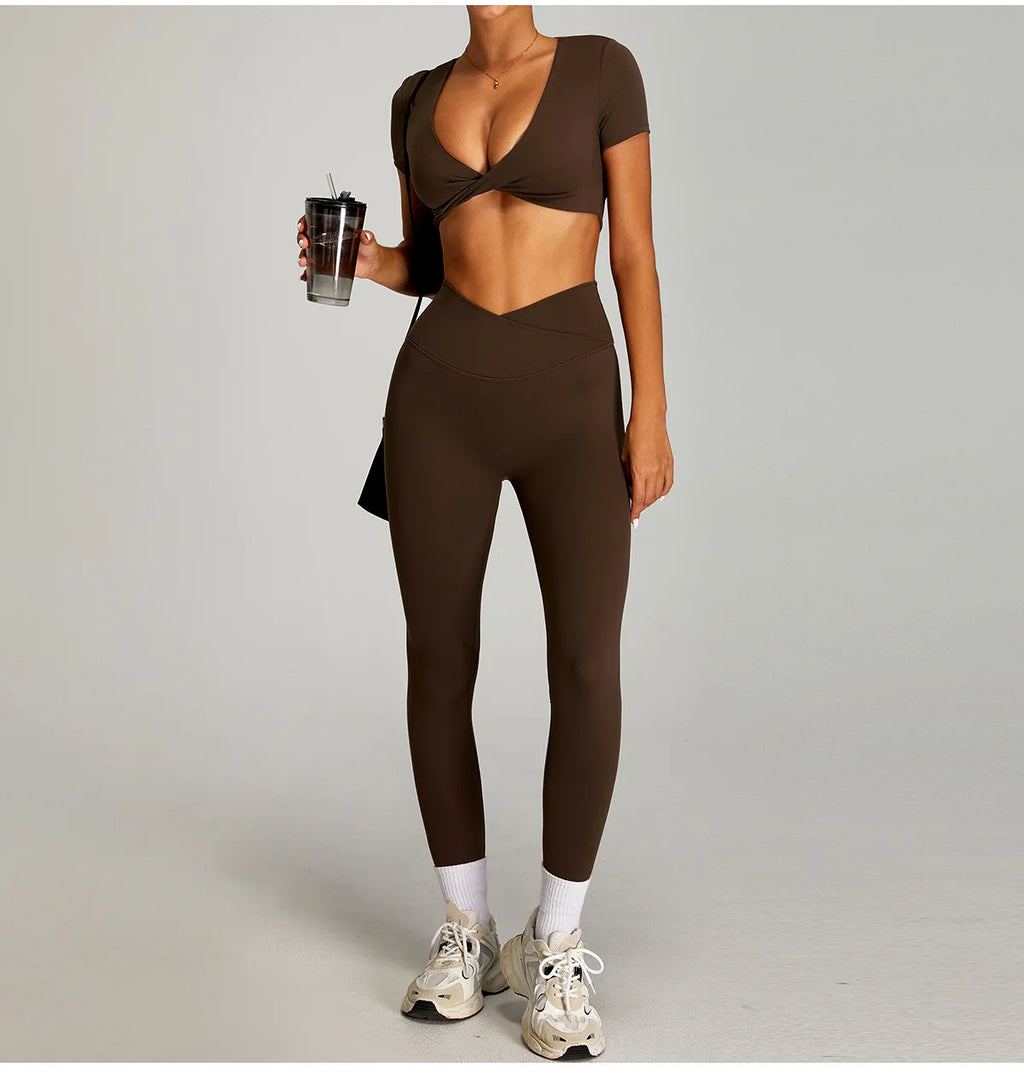 mikeyoga Women Yoga Suit 2PCS Sports Set Quick-Drying Gym Set Women Tracksuit Running Workout Short Sleeves Sports Yoga Clothing