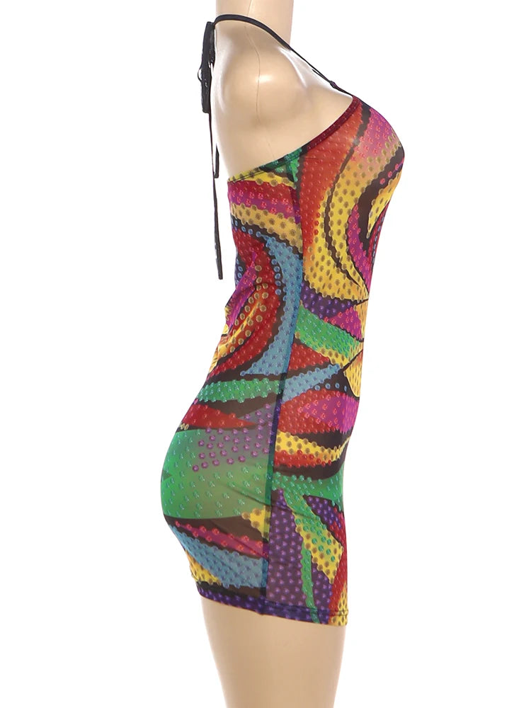 Kliou Colorful Print Mini Dress Woman Lace-Up Halter Off Shoulder Backless Skinny Wrap Hip Midnight Club Party Fashion Bodycon