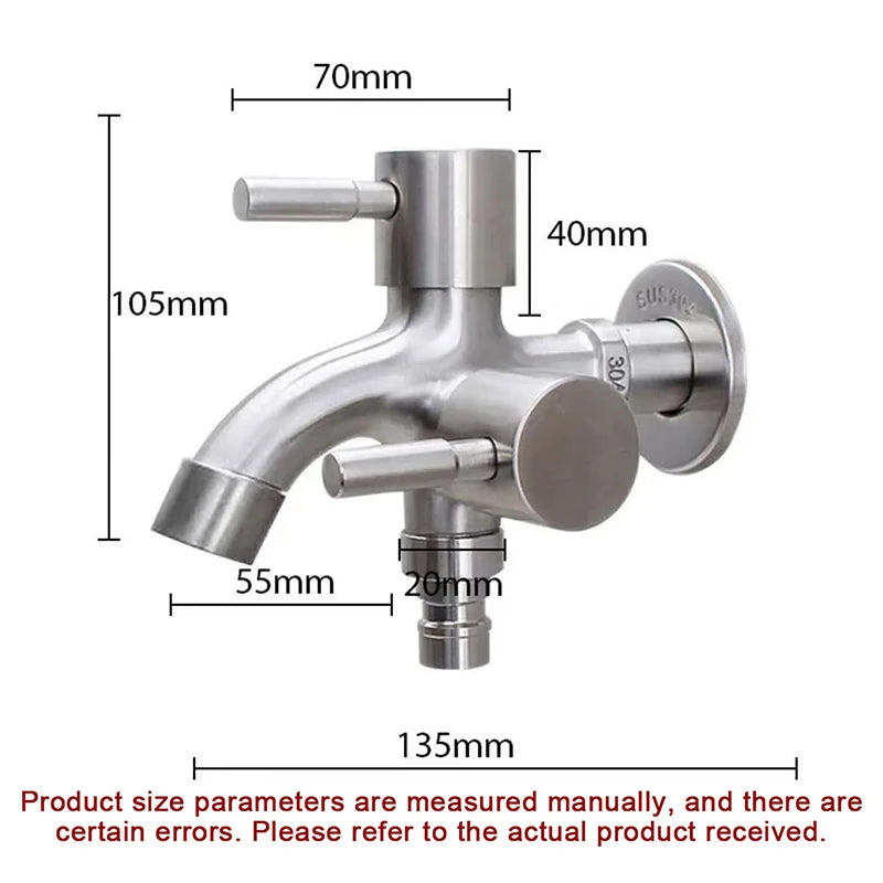 1Pc Multifunctional One Into Two Out Faucet - 304 Stainless Steel Double-outlet, Washing Machine Garden Sink Pool Outdoor Tap