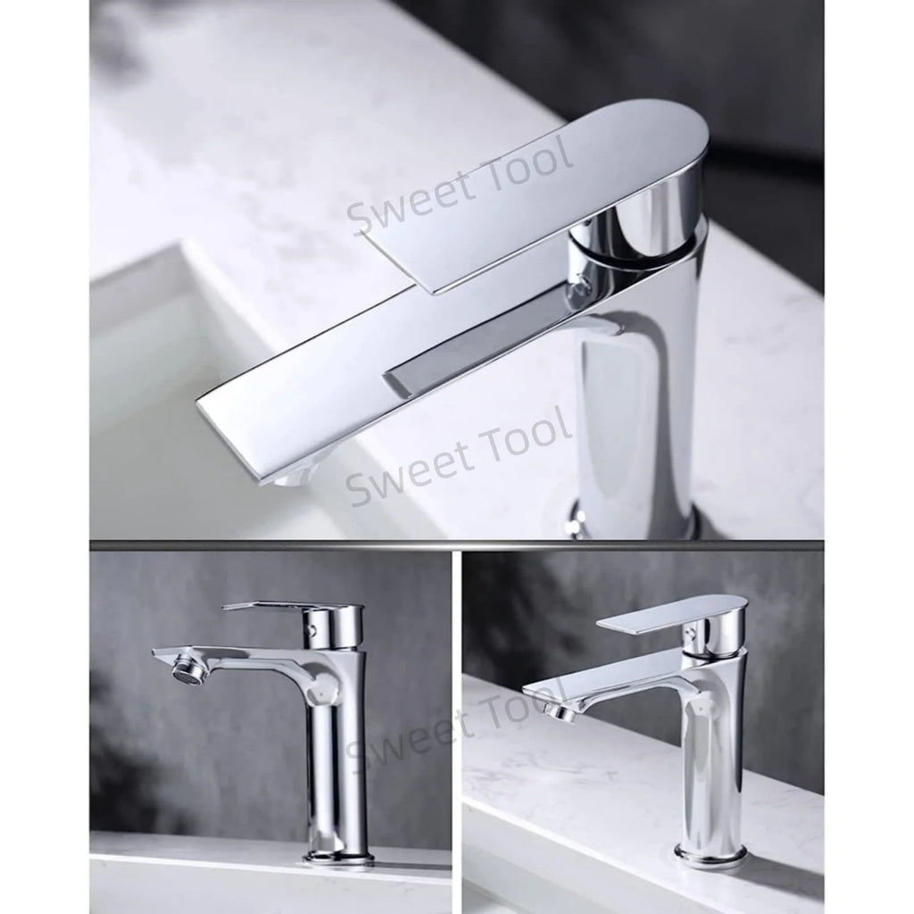 Chrome Bathroom Faucet Wash Basin Mixer Tap Hot & Cold Deck Mounted Water Tap Single Handle Single Hole for Household Kitchen