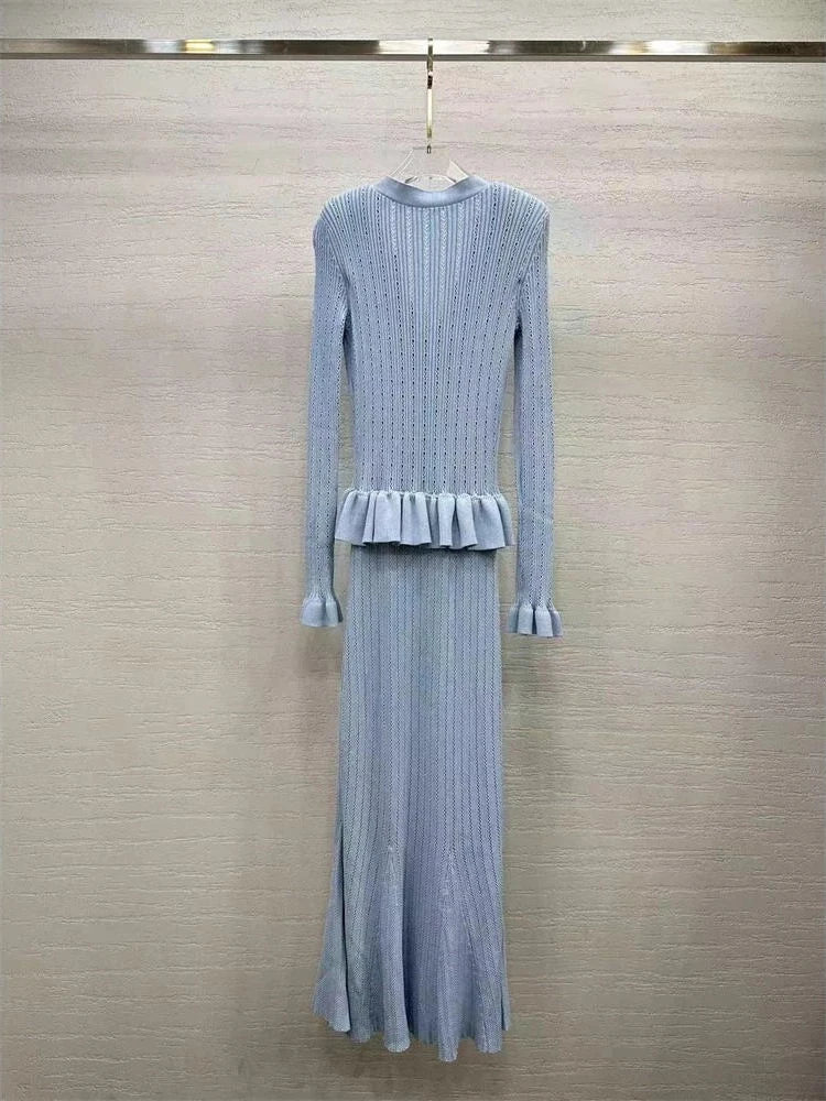Celebrity temperament blue V-neck knitted women's dress ruffled splicing stretch Slim long fishtail dresses 2024 summer new