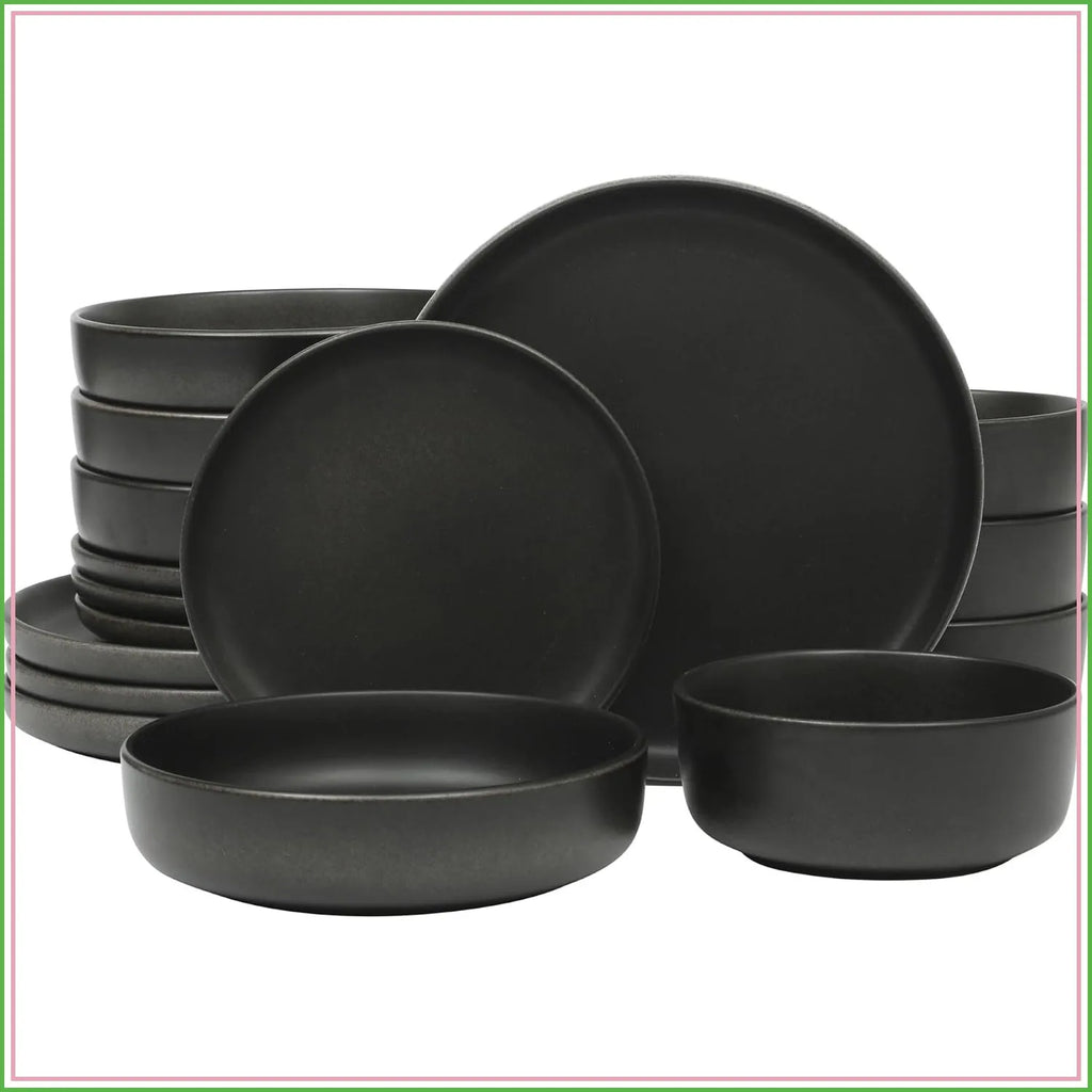 16pc Stoneware Dinnerware Set, Reactive Glaze Plates Bowls, Black
