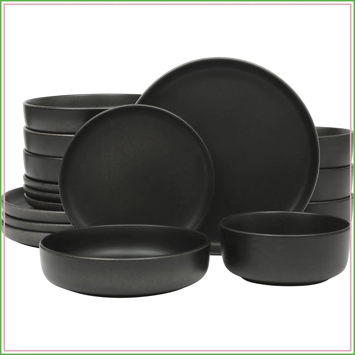 16pc Stoneware Dinnerware Set, Reactive Glaze Plates Bowls, Black