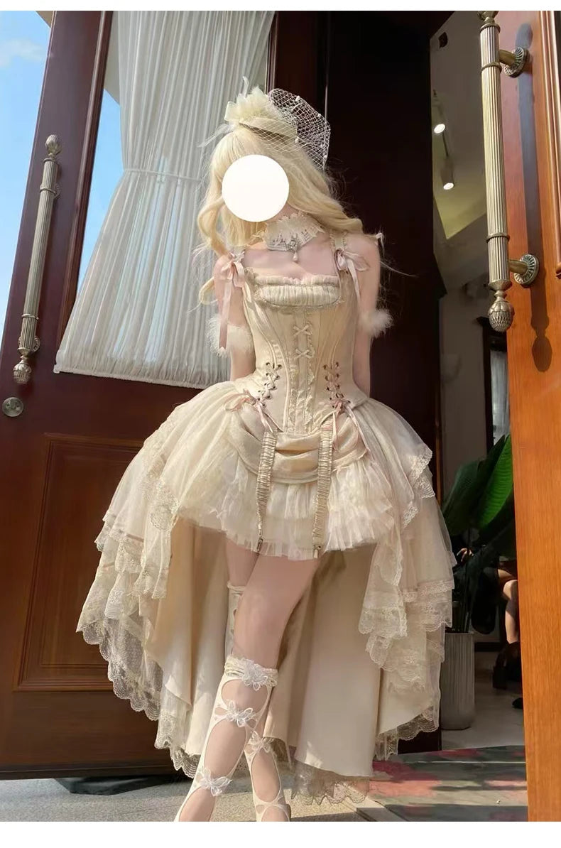 Princess Lolita Evening Dress Champagne Gold Front Short Back Long Gorgeous CLA Dress Vintage Fairy Lolita Birthday Party Dress