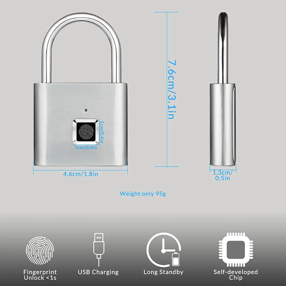 KERUI Fingerprint Lock Keyless USB Charging Smart Padlock Waterproof Door Lock 0.2sec Unlock Portable Anti-theft Padlock Zinc