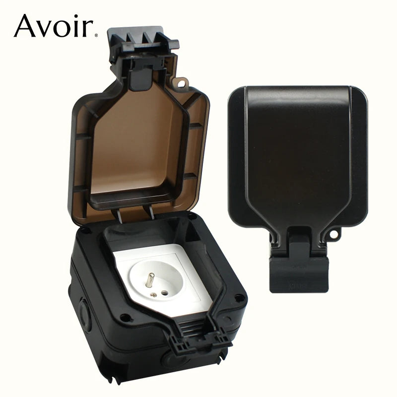 Avoir IP66 Wall Waterproof Socket Single Box Electric Outlet EU French UK Universal Standard Power Plug Outdoor Dustproof Black