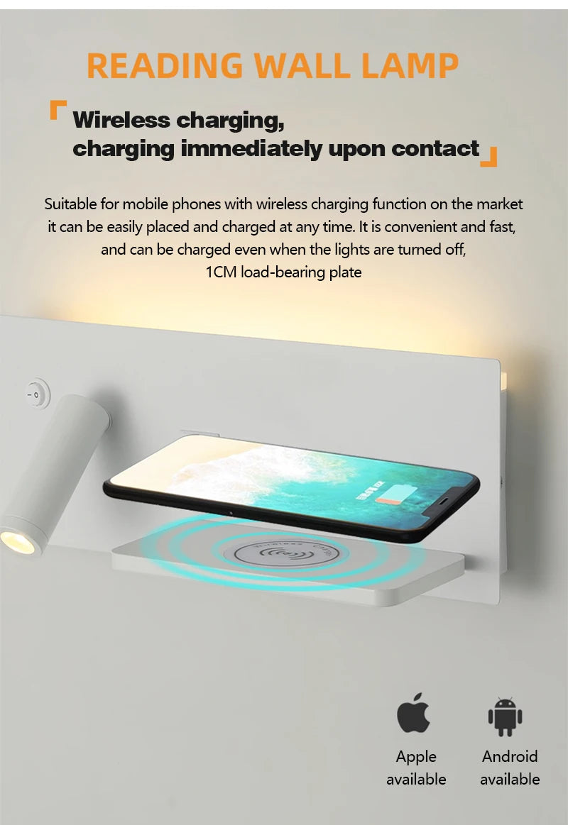 Multi functional wall lamp with switch, USB interface, LED mobile phone wireless charger, reading wall lamp, bedroom night light