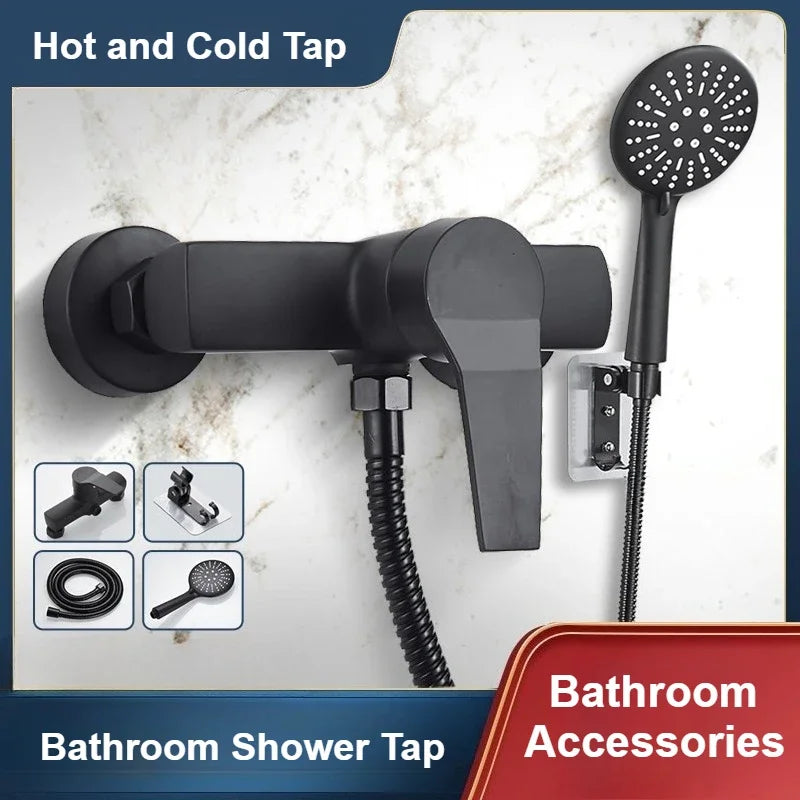 Black Wall-Mounted Shower Mixer Faucet - Single Handle Hot/Cold Water Control Valve for Household Bathroom Accessories