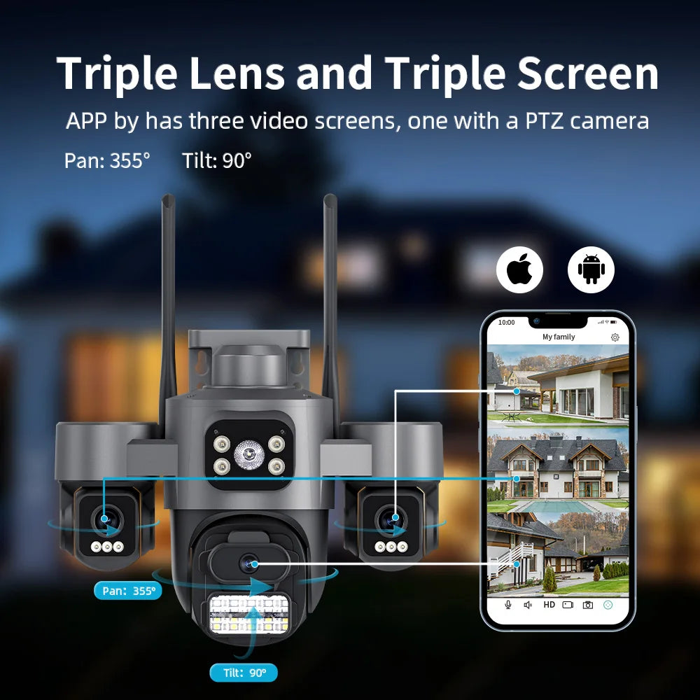 15MP HD Three Screen WIFI IP Camera Outdoor 4K Dual Lens Camera AI Human Detection Waterproof CCTV Video Security Camera ICsee