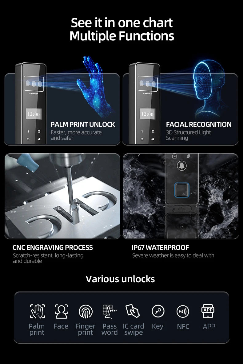 Face Recognition Fingerprint Hold Hands Lock Narrow Bezel Cell Phone Tuya Aluminum Door Code Lock Automatic Smart Door Lock
