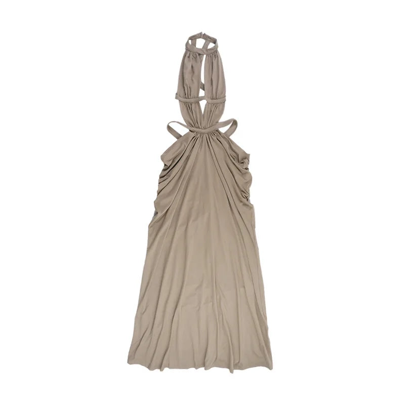 Halter Cut-Out Draped Super-Cut Back Bare Elegant Party Maxi Dress Waistless Backless Sleeveless Khaki Evening Prom Long Dress