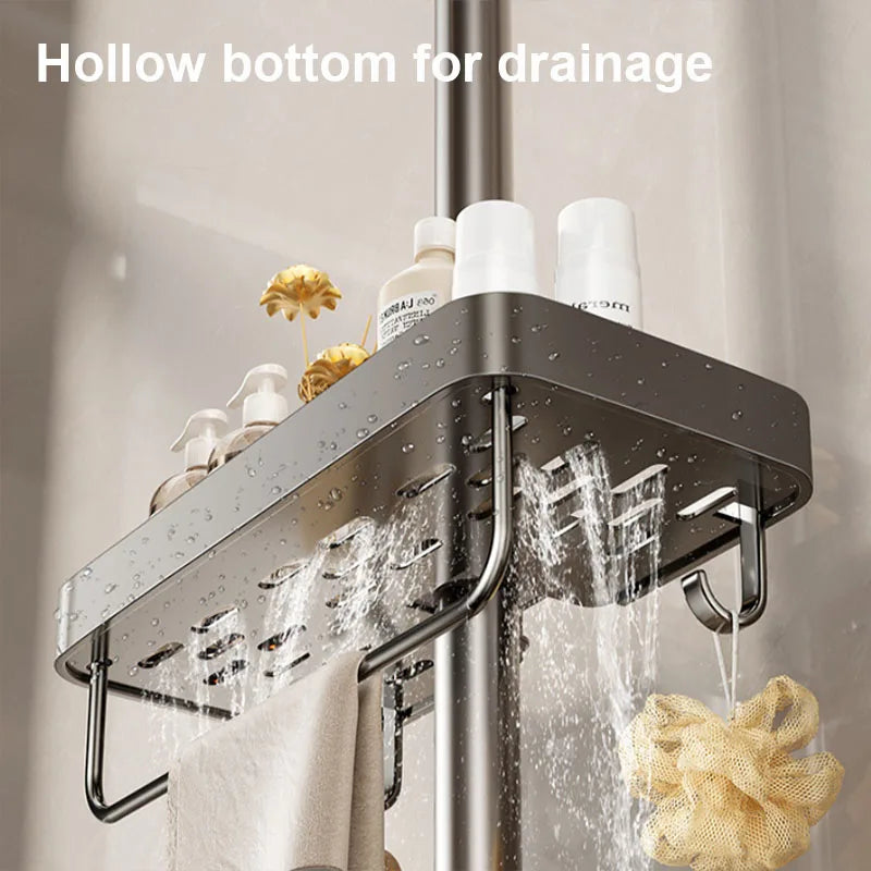 Bathroom Shower Storage Shower Gel Shampoo Rack Lifting Rod Removable Tray No Drilling Soap Holder Shower Shelf