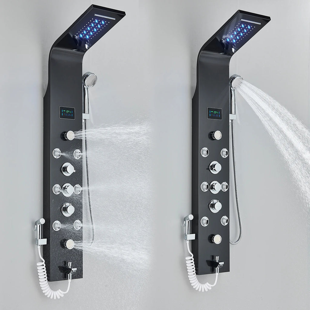 Black Nickel LED Shower Panel Six Functions Shower Column Rain Waterfall Shower Massage Spa Jets Tub Shower With Bidet Bath Taps