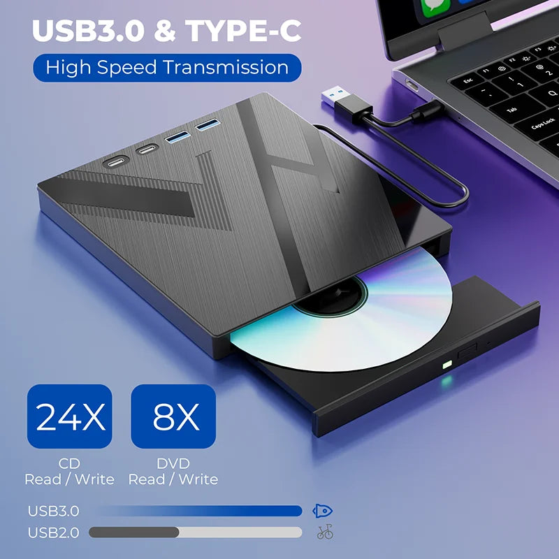 7-in-1 Portable CD/DVD Drive External Optical Drive for Laptop PC CD/DVD RW Player Burner with USB3.0 Type-C SD TF Card Slots