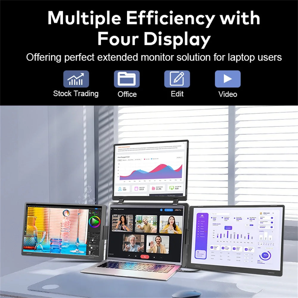 Rospider 14 to 18.5 inch Triple Screen Extender Laptop Monitor FHD Quad Display Portable Foldable Extended for MacBook Windows