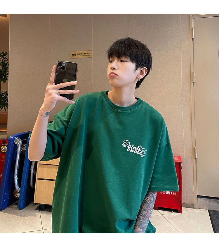 Forest Green Heavyweight Cotton American Style Men's T-shirt Short Sleeve Vibe High Street Seven Sleeve Summer T-shirt