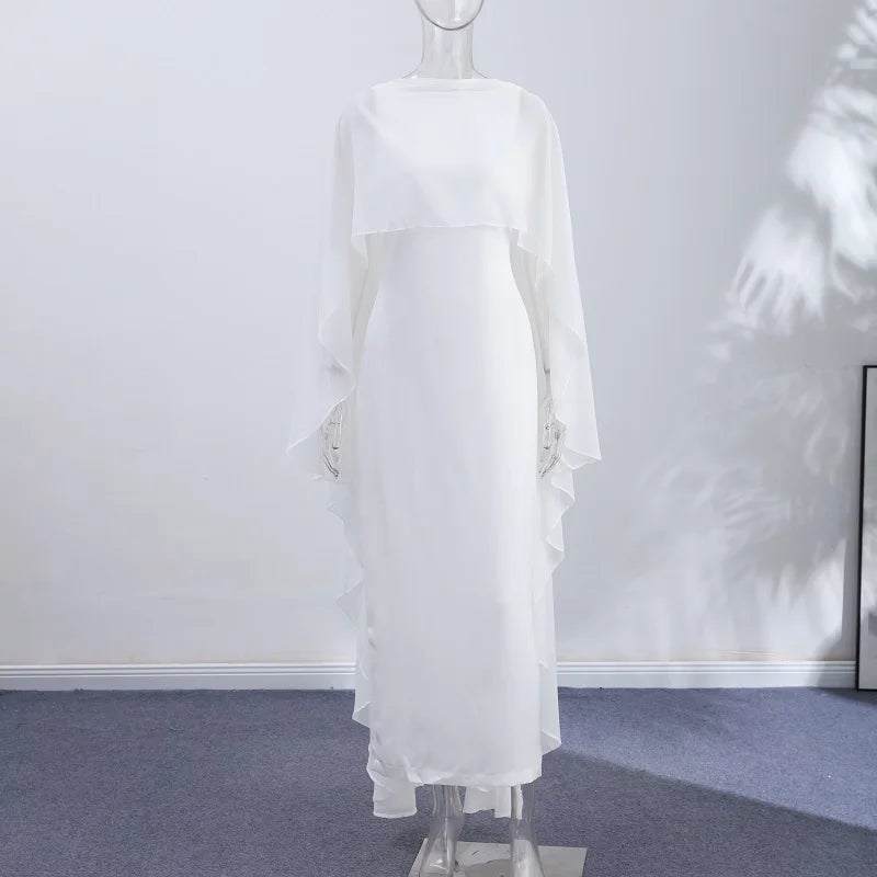 Sheer Cape Round Neck Maxi Dress For Woman Open Back Solid Plain Design Skirt Elegant Wedding Formal Evening Female Long Robes