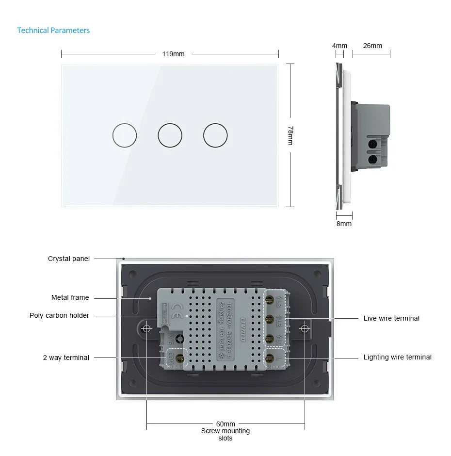 Livolo US/AU Standard Wall Touch Switch Crystal Glass Panel Touch Control Light Switch AC 110~250V/50~60Hz