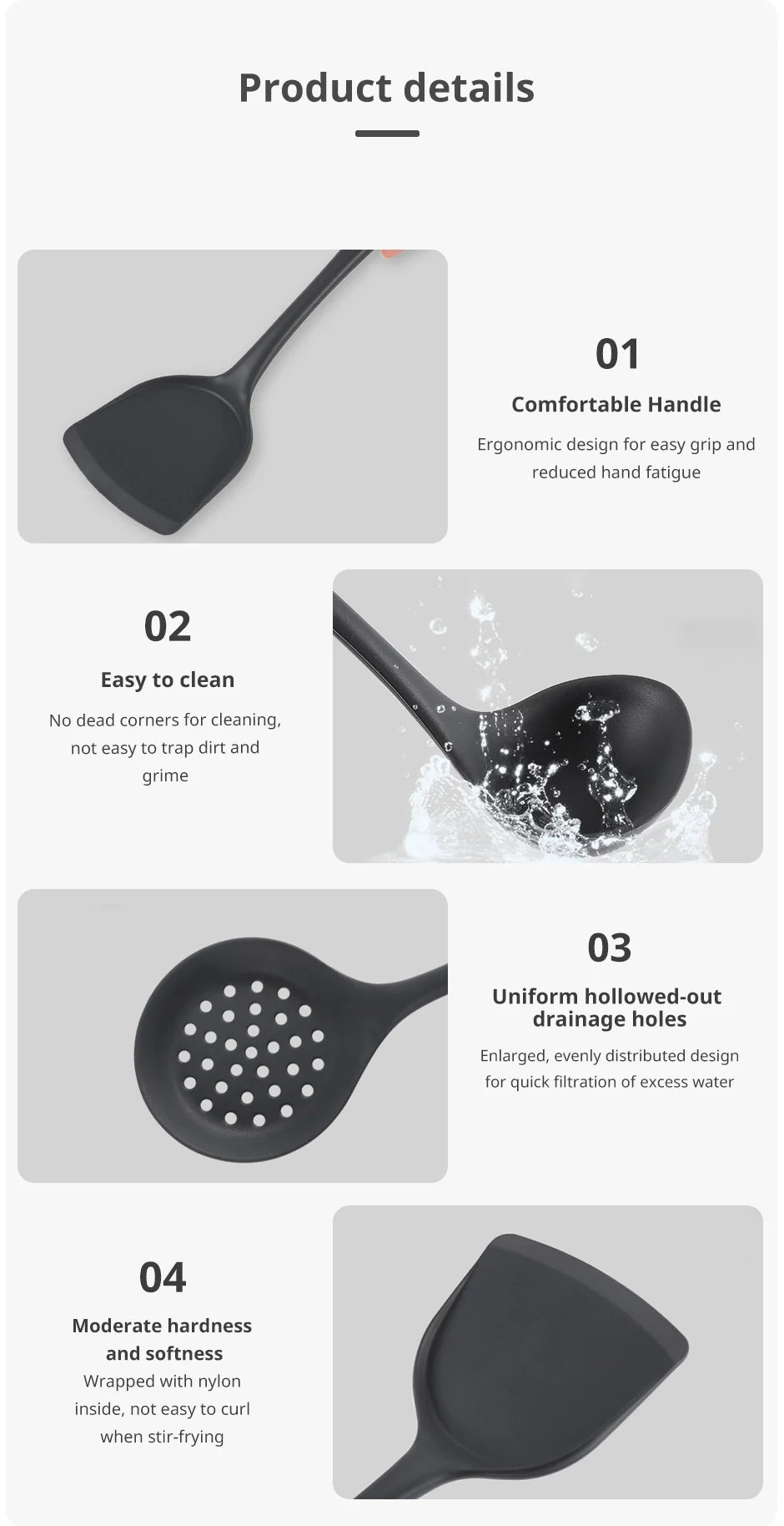 Thickened gray silicone kitchen utensils, kitchen spatula, soup spoon, kitchen multifunctional cooking silicone spatula