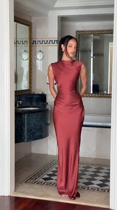 Solid Satin Cowl Neck Women's Dress Elegant Sleeveless Ruched Waist Fishtail Bodycon Lady Vestido 2026 Summer Party Dresses