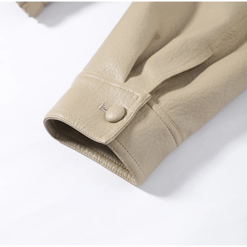 High Street Leather Jackets Women's Casual Double-breasted Turn Down Collar Loose Coats Elastic Waist 2026 Autumn New Outwear