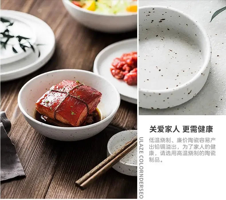 Japanese-style Tableware Set Bowls and Plates Round White Ink Point Dinner Plates Home Creative Western Dishes Dinner Plates