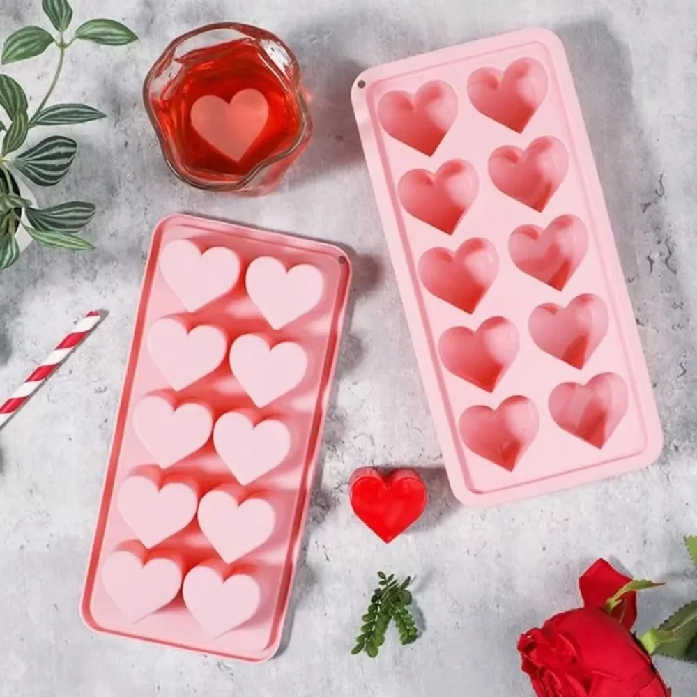 New 3D Love Heart Ice Tray Silicone Pink Blue Red Ice Cube Mold 10 Compartment Easy Release Cupcake Mold Kitchen Gadgets