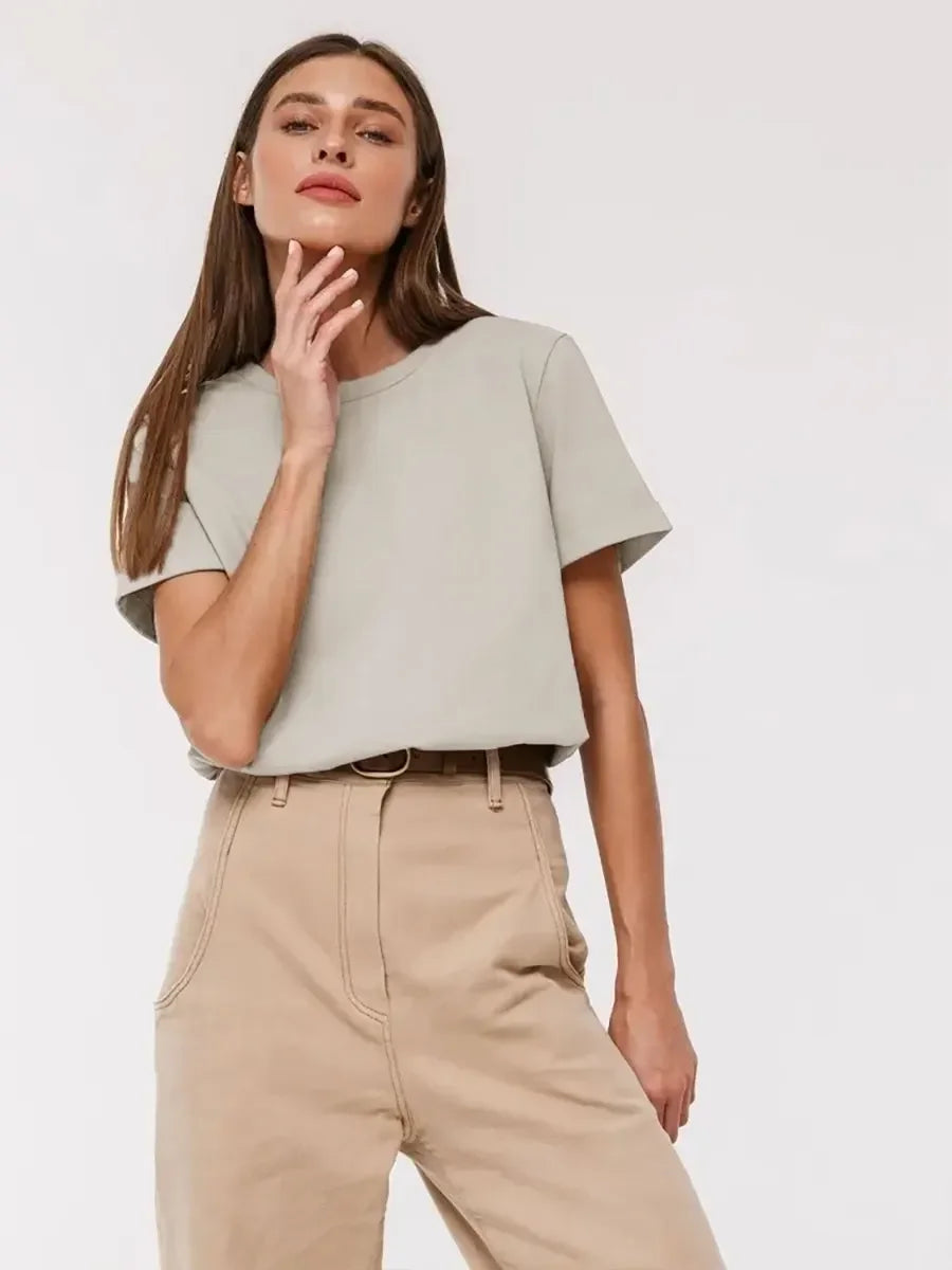 Wolfeel Summer 100% Cotton Women's T-shirt Bottoming Basic Fashionable Solid Lady Short Sleeve Loose Tops Shirts 230g/㎡ Tops