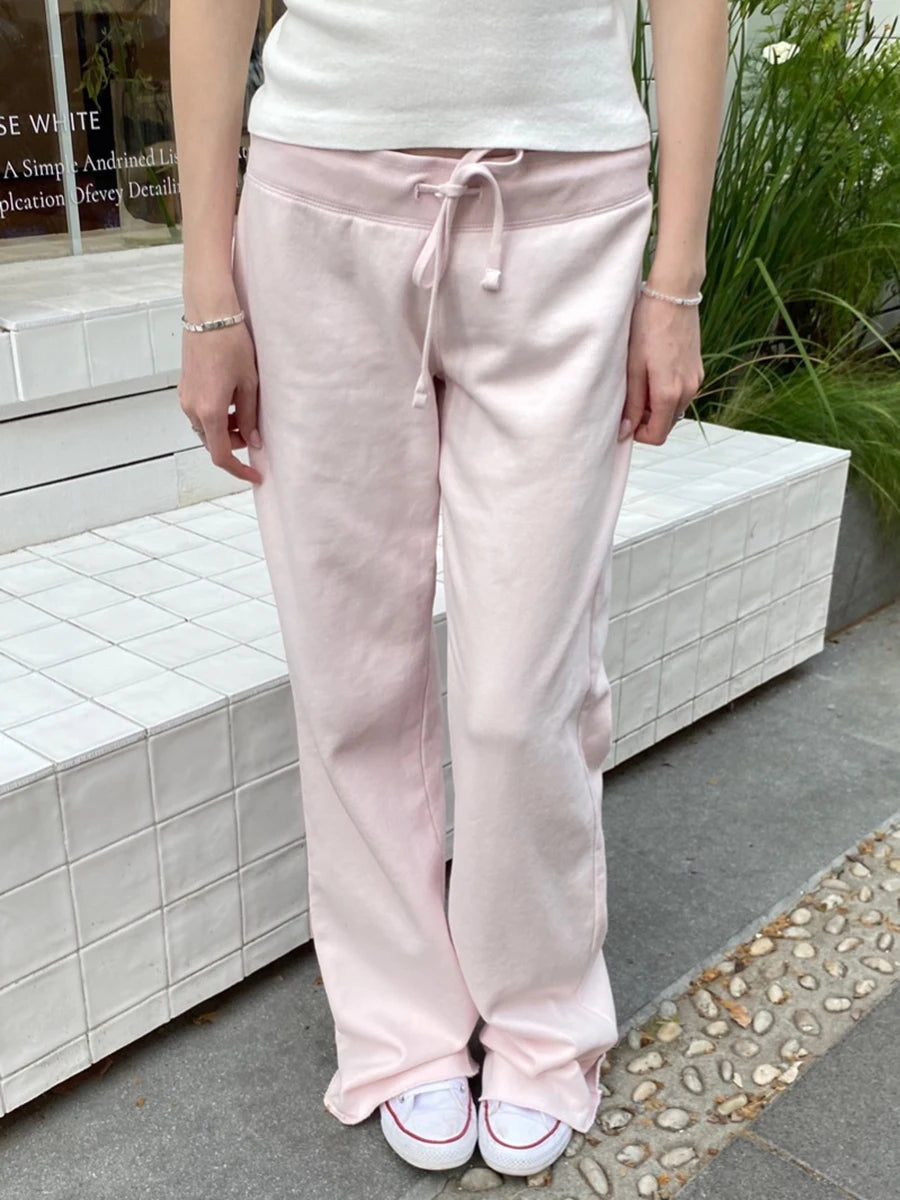 New Light Pink Drawstring Sweatpant Woman Spring Raw Hem Low Waist Straight Long Pants Casual All-match Cotton Sport Trousers