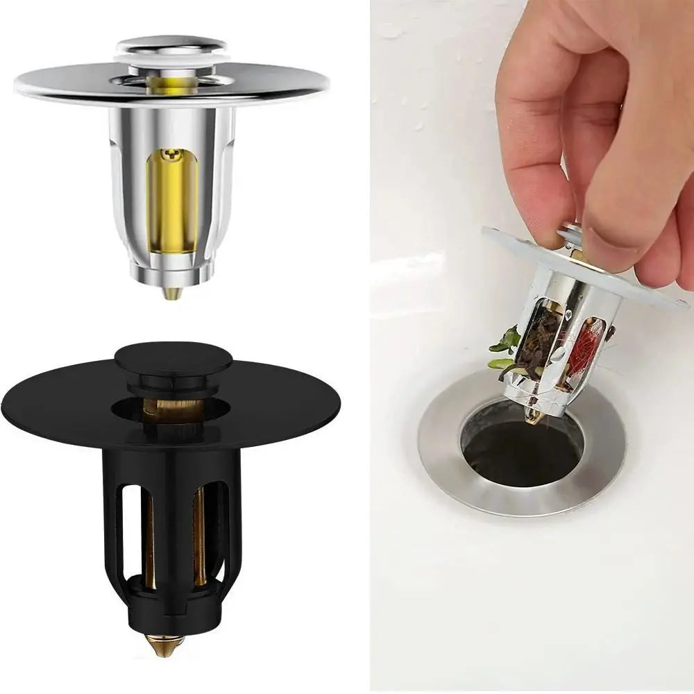 Metal Wash Basin Bounce Drain Filter with Anti-clogging Basket Portable Sink Drain Stopper Sink Pop-Up Drain Plug Hair Catcher