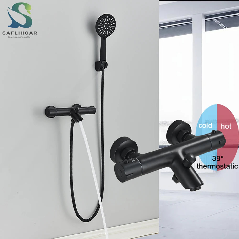 Black Thermostatic Bathroom Shower Faucet Dual Handle Bathtub Faucet Wall Mounted Mixer Tub Tap