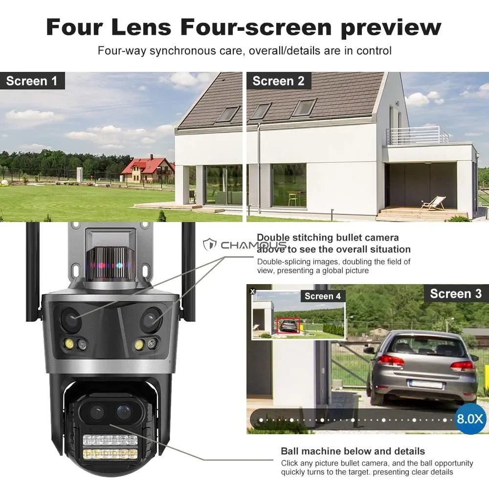 WiFi Surveillance Camera Four Lens Four Screen 8K 16MP IP Camera 8X Optical Zoom Auto Tracking CCTV Alexa ICsee New Security Cam