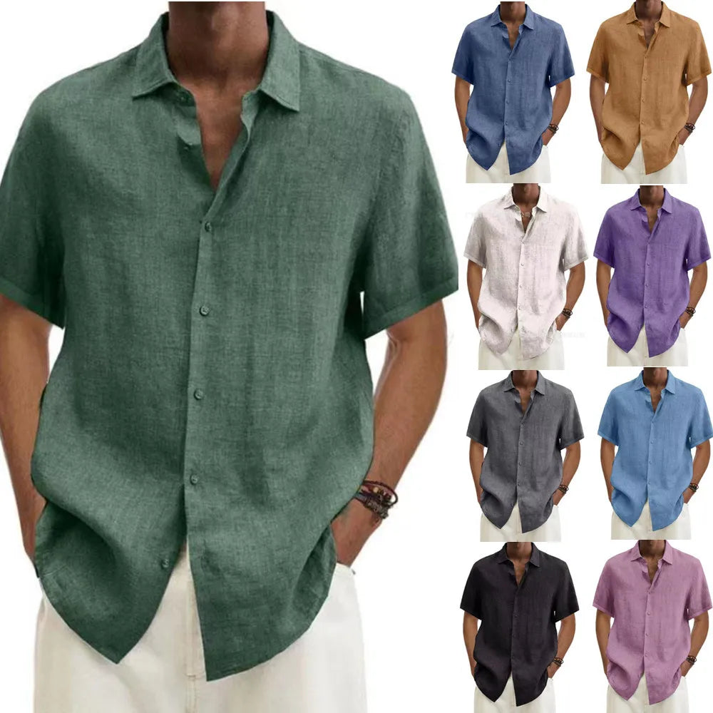 Men's Short Sleeve Linen Blend Shirt Casual Button Down Collar Lightweight Breathable Top