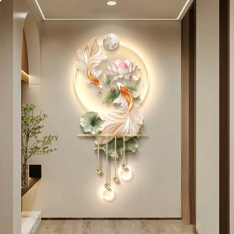 Modern Light Luxury Entrance LED Decorative Painting Koi Carp Home Decoration Living Room Bedroom Sofa Wall Corridor Mural Light