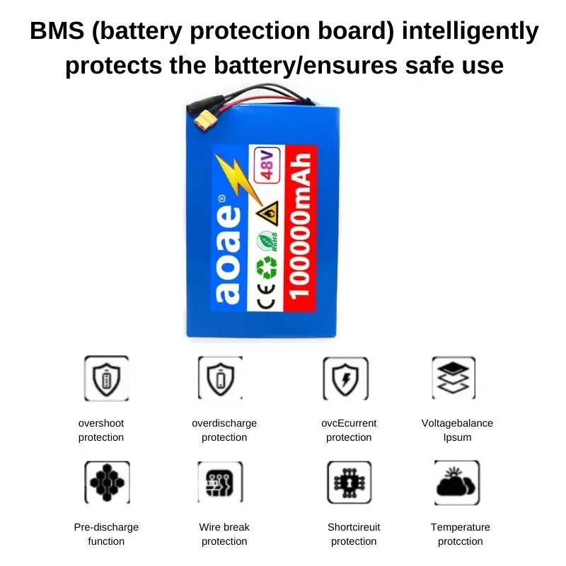 48V 13s8p Lithium-Ion Battery Pack 100000mAh 2000W Electric Battery for Electric Scooters Mountain Built-In 50A BMS Charger