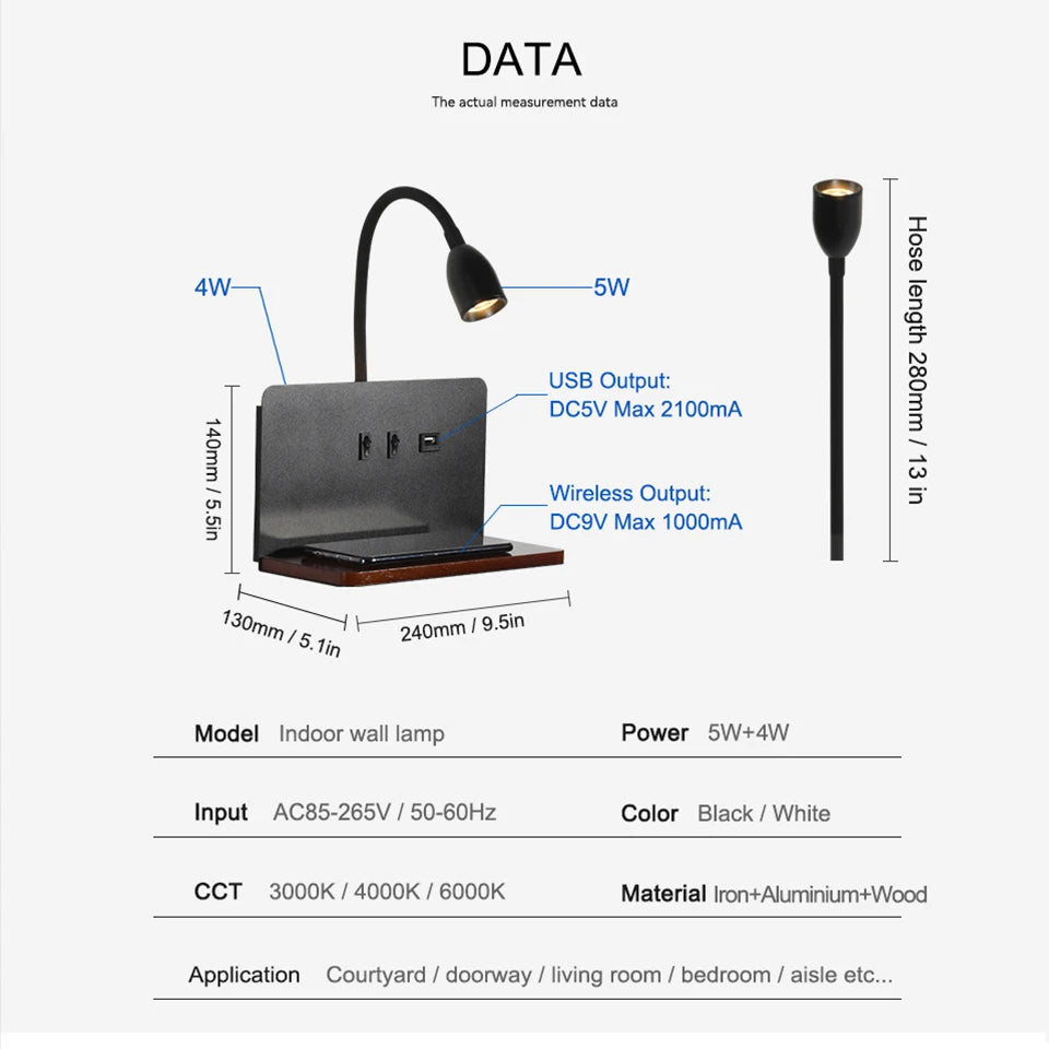 Indoor LED Wall Lamp With USB Interface And Wireless Charging Modern 360° Rotatable Wall Light With Switch Bedside Night Lights