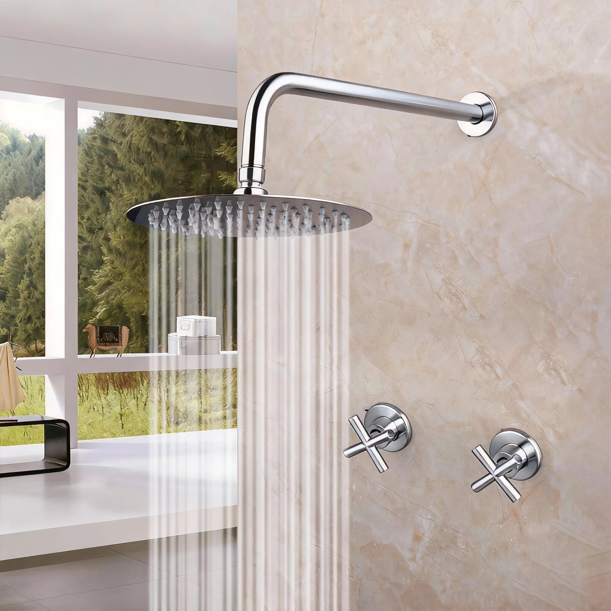 JIENI 8 Inch Brushed Gold Rainfall Shower Faucet Sets Wall Mounted Bathroom Round & Square Head 2 Handles Control Mixer Shower