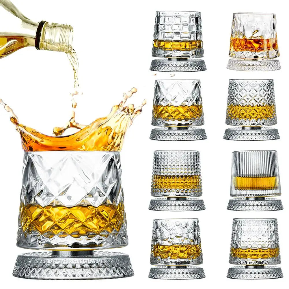 2PCS Whiskey Glasses Rotating Whisky Glass With Glass Base 360 Rotate Degrees Crystal Rum Glass For Cocktail Party Drinking Gift