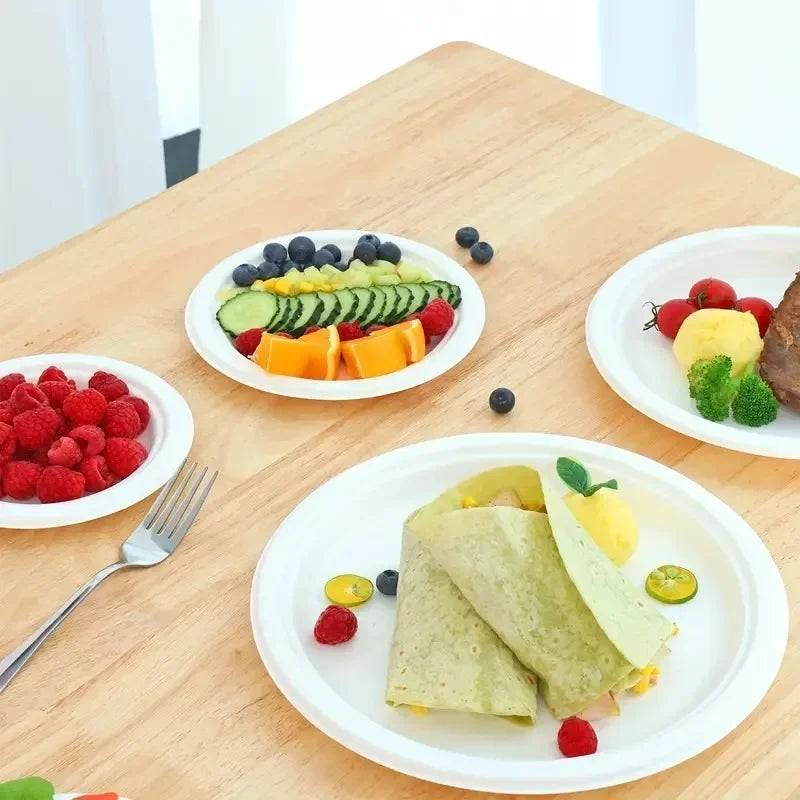 50PCS Circular Paper Plates Are Suitable for Disposable Kitchen Dishes in Restaurants Such As Barbecue Pasta Salad Desserts